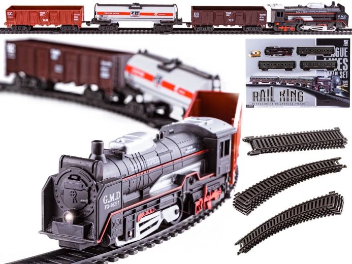 Circuito de tren eléctrico Rail King con locomotora de vapor y 3 vagones