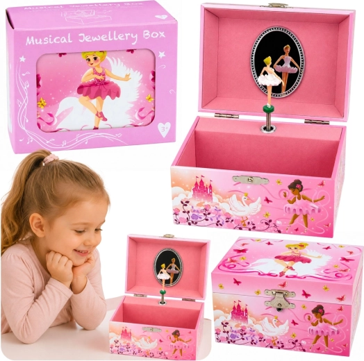 Joyero musical rosa de cuerda con bailarina y espejo para niños