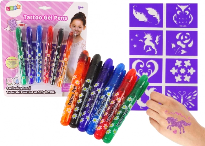 Rotuladores de gel para tatuajes infantiles – set de 6 rotuladores con purpurina y plantillas