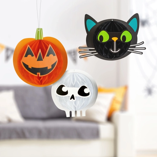 Set de farolillos de papel colgantes de Halloween con calabaza, gato y calavera