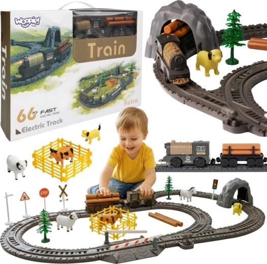 WOOPIE Circuito de tren eléctrico granja retro XL, 66 piezas