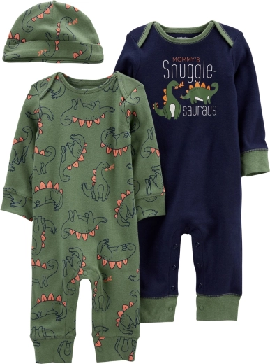 Set de 3 piezas Carter's para recién nacido dino: 2× pelele con broches sin pies y gorrito