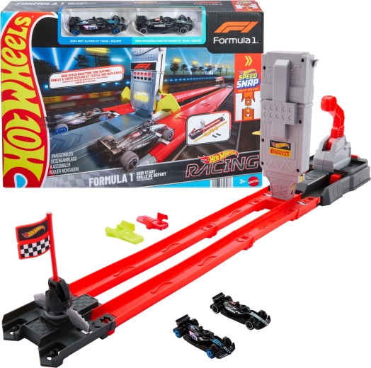 Hot Wheels pista de carreras de Fórmula 1 con doble carril y 2 coches