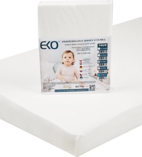 Sábana bajera ajustable EKO con elástico, jersey blanca 120 × 60 cm
