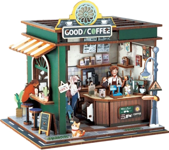 Maqueta de madera 3D cafetería con efectos de luz 14,5 × 16 × 15,8 cm