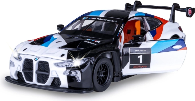 Modelo metálico BMW M4 GT3 en color blanco con luz y sonido