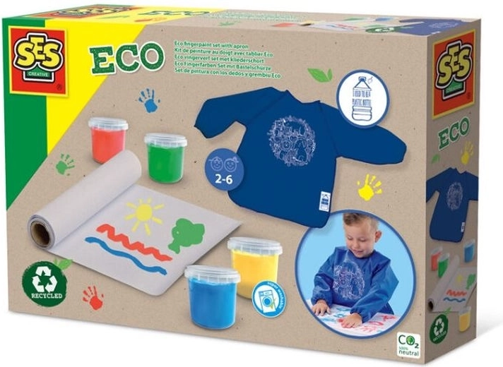 SES set ecológico de pinturas de dedos con delantal y rollo de papel