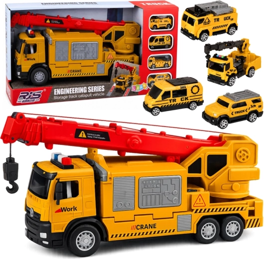 Camión grúa amarillo con transportador de vehículos con luces y sonidos (4 mini vehículos)