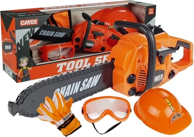 Set infantil para pequeños reparadores: motosierra, casco, gafas y guantes