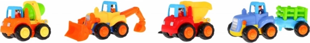 Juego de vehículos de construcción con tracción: tractor con remolque, excavadora, camión volquete y hormigonera