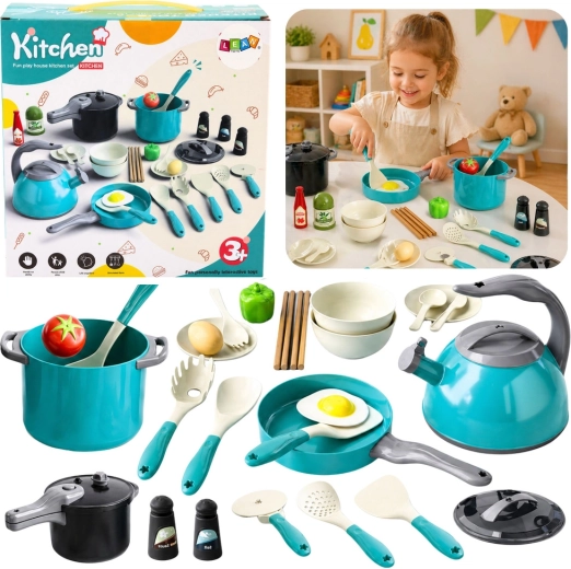 Set de cocina infantil con utensilios y alimentos, 33 piezas
