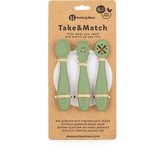Petite&Mars cucharitas de entrenamiento de silicona Take&Match sweet pea, 3 uds, 6m+