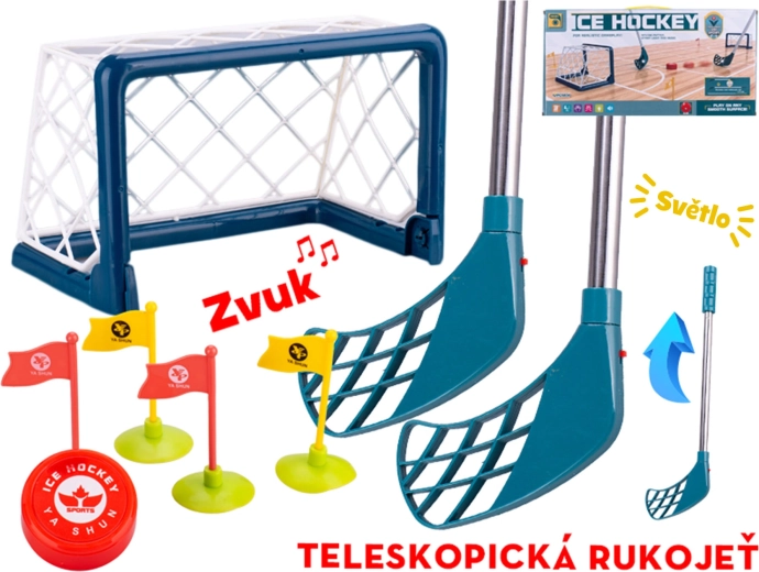 Set de hockey infantil con porterías, sticks telescópicos y efectos de luz