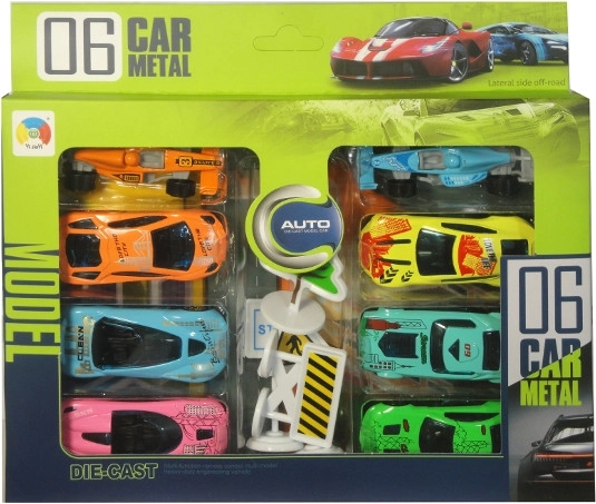 Coches metálicos con alfombrilla de juego, 8 uds.