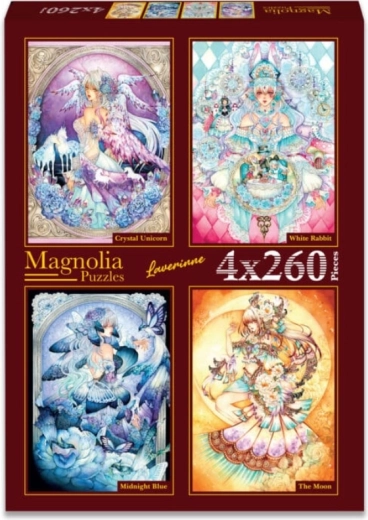 Puzzle Magnolia unicornio de cristal, conejo blanco, azul medianoche y luna 4×260 piezas