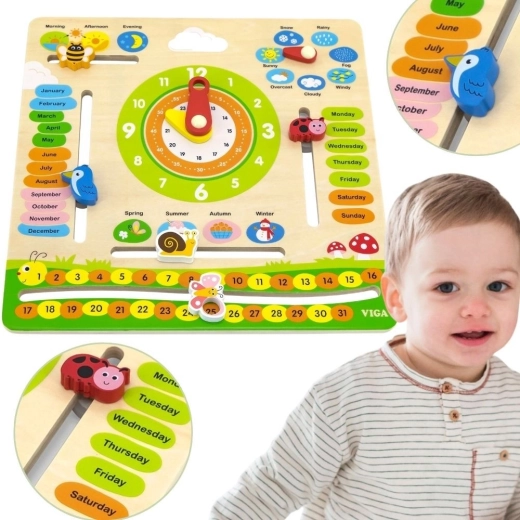 Calendario educativo de madera con reloj Viga – En inglés