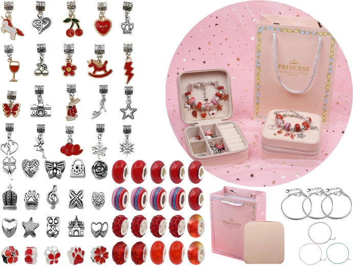 Set para hacer joyas y pulseras con colgantes y cuentas en tonos rojos con estuche