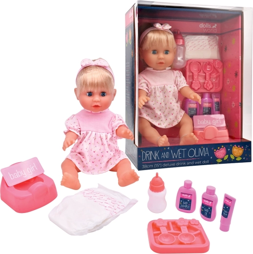 Dolls World muñeca Olivia de 38 cm bebe y hace pipí con accesorios