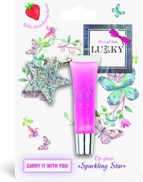 Lukky brillo de labios con purpurina sabor fresa con colgante