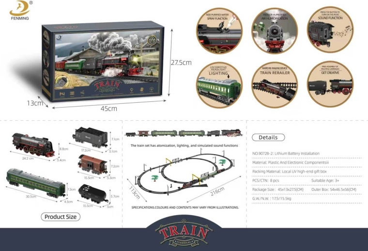 Circuito de tren retro con humo, sonido y luces, 216 × 113 cm