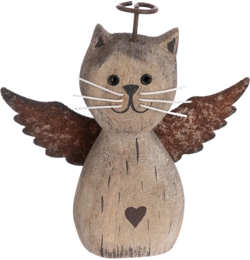 Decoración de gato de paulownia y metal beige 12 cm