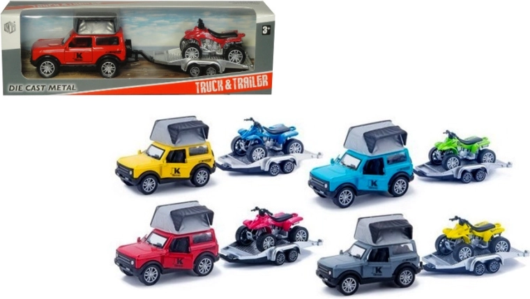 Coche todoterreno metálico con remolque y quad