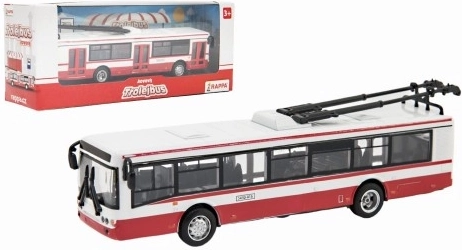 Trolebús checo metálico rojo de 16 cm con mecanismo de retroceso, en caja 20x8x6 cm, diseño CZ