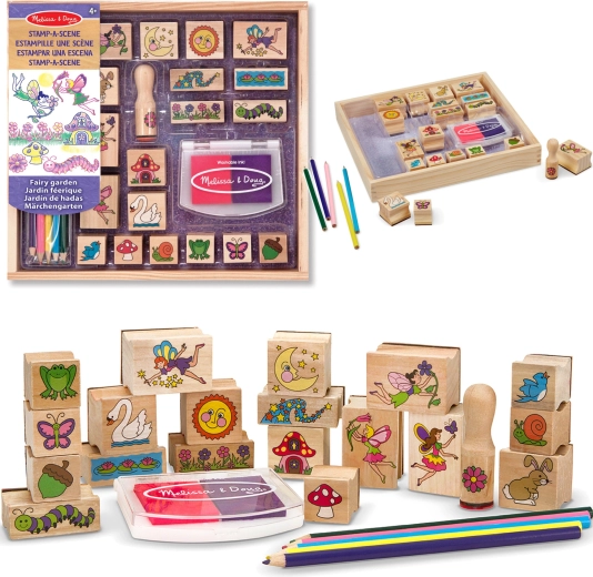 Melissa & Doug set creativo de sellos de madera Jardín de hadas (20 motivos, tinta y ceras)