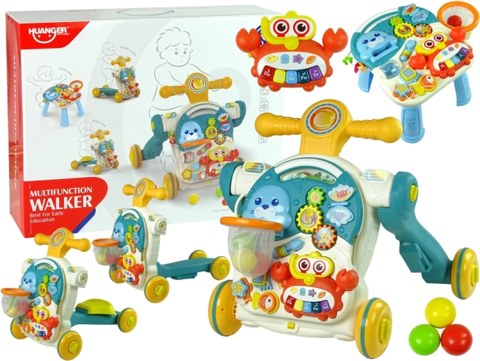Andador de empuje 4 en 1 con mesa educativa, correpasillos y patinete – azul