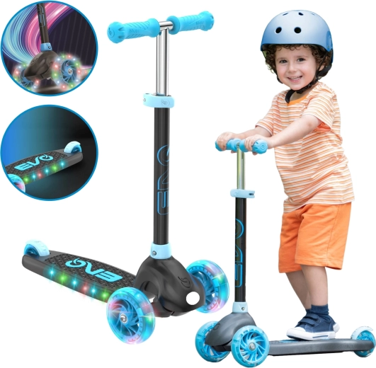 evo eclipse patinete infantil de tres ruedas con ruedas y plataforma LED, altura ajustable, azul