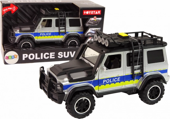 Coche todoterreno de policía 1:14 con tracción por fricción, luces y sonidos