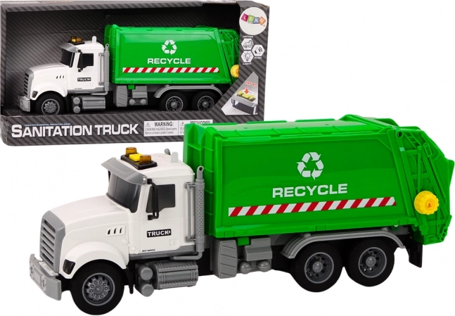 Camión de basura de juguete blanco-verde con efectos de luz y sonido