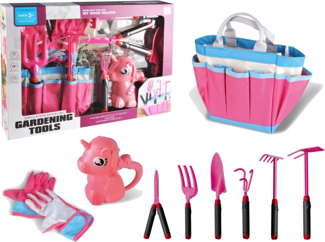 Juego de jardinería con herramientas y unicornio