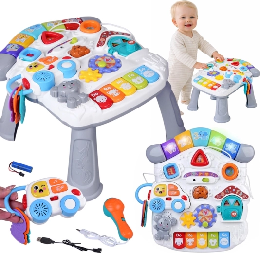 Mesa educativa interactiva para niños pequeños con música, luces y micrófono