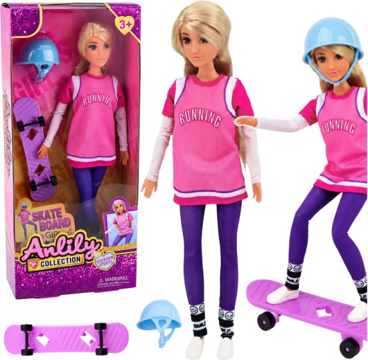 Anlily skateboardista – muñeca con monopatín morado y casco 30 cm