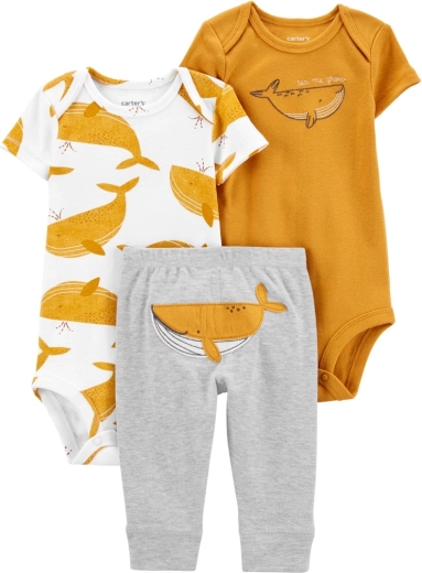 Set de 3 piezas Carter’s para niño: 2× bodies de manga corta y pantalón de chándal Mustard Whale, talla 56 (NB)