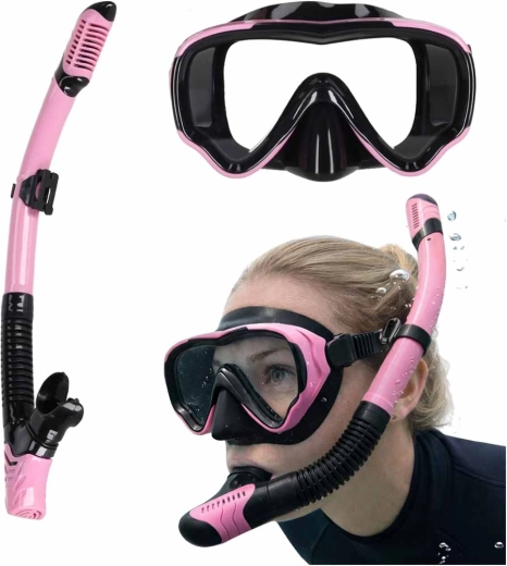 Set rosa-negro de snorkel con máscara panorámica y tubo seco