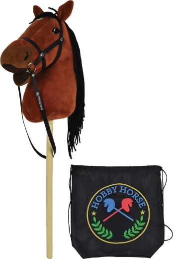 Caballo marrón de palo 73 cm con sonidos y mochila negra