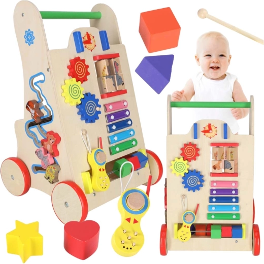 Andador de madera empujable 6 en 1: carrito educativo de actividades para bebés