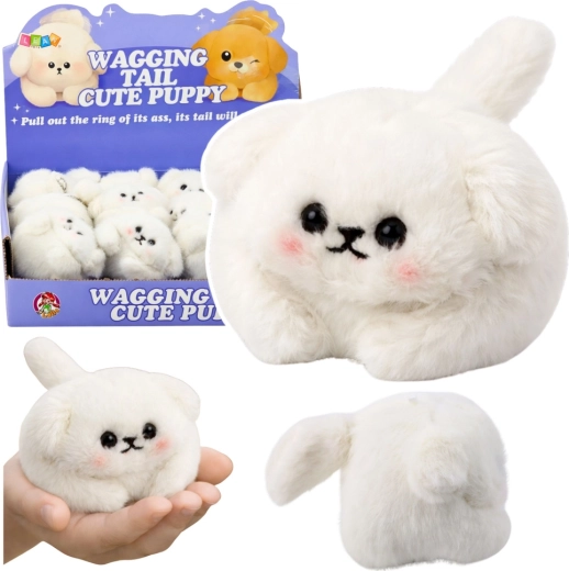 Perrito de peluche blanco con cola que se mueve al tirar y sonido de chirrido 9 cm