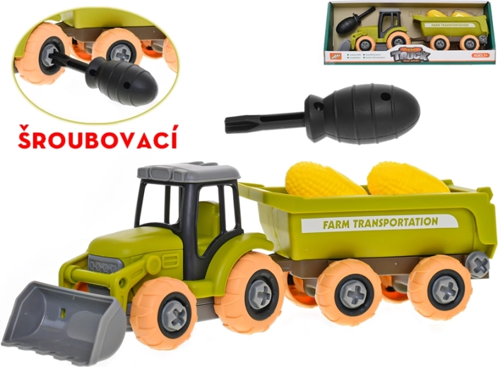 Tractor con mecanismo de atornillado con remolque y maíz 28 cm