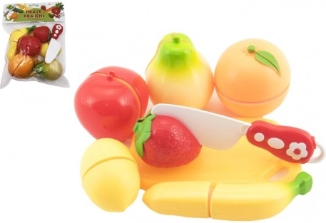 Fruta para cortar de plástico con tabla 13,5x8 cm con cuchillo en bolsa 18x26x5 cm