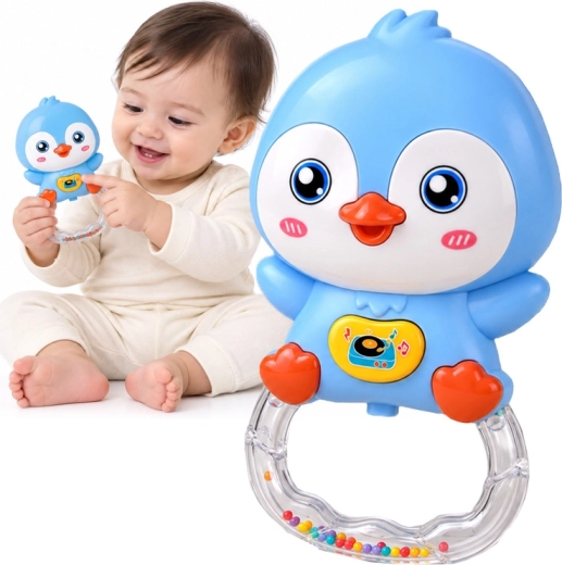 Sonajero musical de pingüino con melodías, sonidos de animales y luz