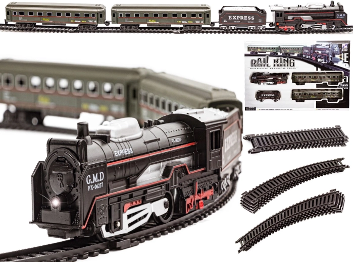 Rail King tren eléctrico realista con locomotora de vapor y vagones