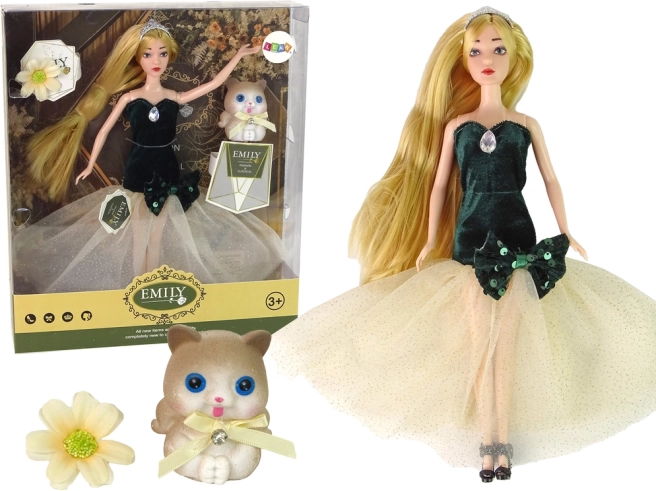 Muñeca Emily con pelo largo, gatito y adorno floral