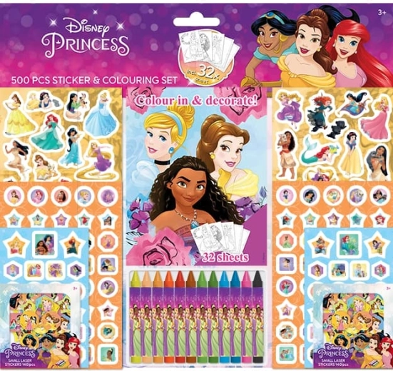 Disney Princesas set de pegatinas con cuaderno para colorear y ceras (500 uds)