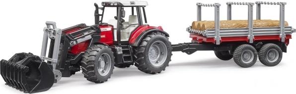 BRUDER tractor MASSEY FERGUSON 7480 con cargador frontal y remolque para troncos