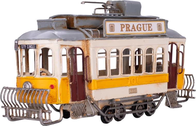 Modelo metálico de tranvía amarillo Prague 27,5 cm – decoración y modelo de colección