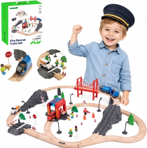 Circuito de tren eléctrico de madera Tooky Toy con estación de bomberos y efectos de sonido, 70 piezas, FSC