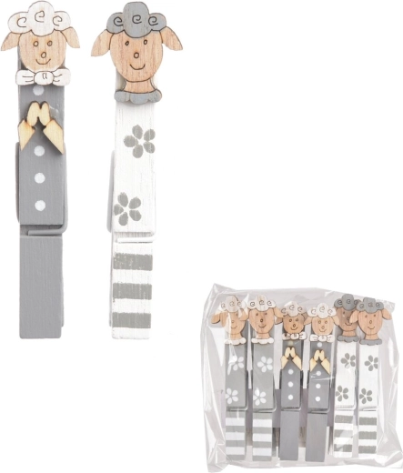 Pinzas decorativas de madera con motivo de ovejita 9 cm, 6 uds.
